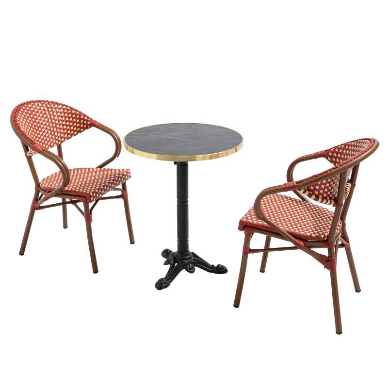 Mesa de terraza ⌀60 cm reclinable laminada y 2 sillas bistro en aluminio y ratán sintético