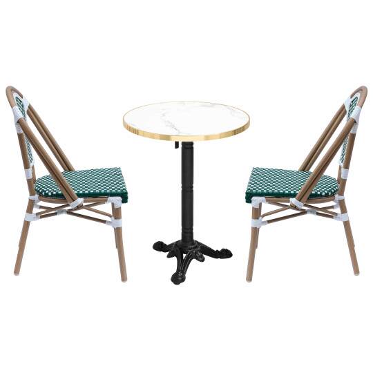 Mesa de jardín bistro inclinable de laminado efecto mármol y hierro fundido Ø60 cm y 2 sillas de ratán sintético y aluminio | Ov