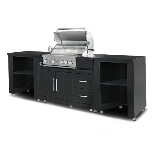 Cocina exterior de acero de 3 elementos con barbacoa.