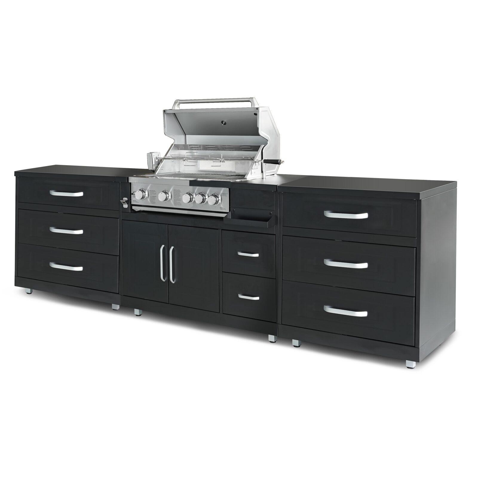 Cocina exterior de acero de 3 elementos con barbacoa.