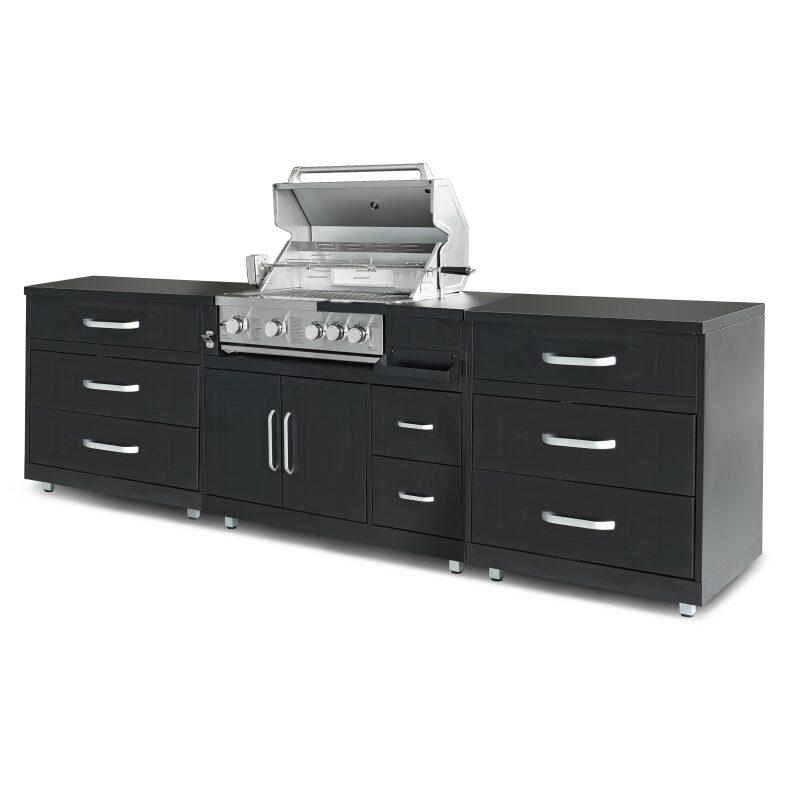 Cocina exterior de acero de 3 elementos con barbacoa.