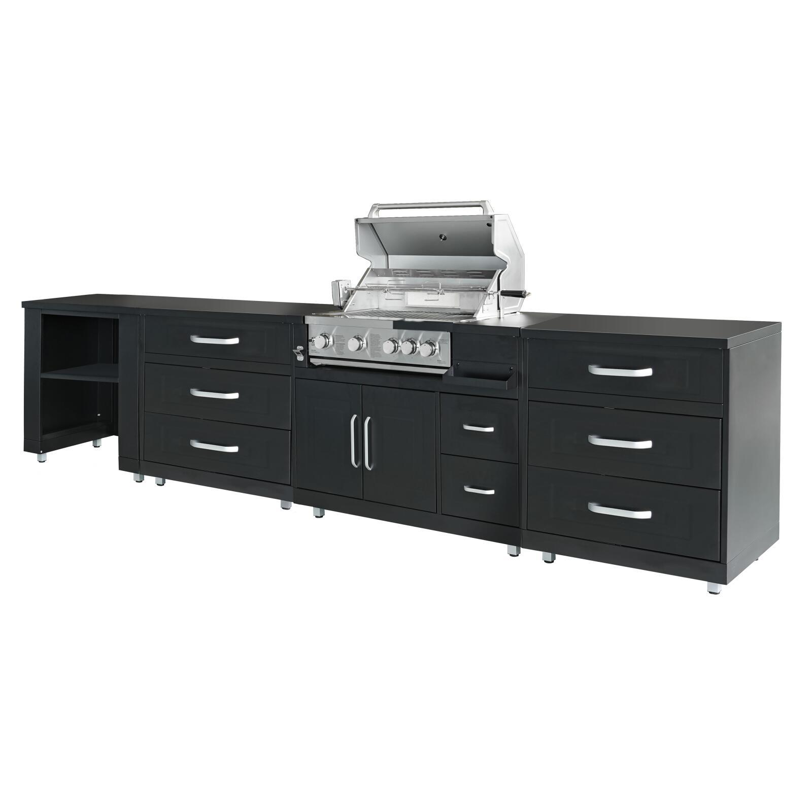 Cocina exterior de acero de 4 elementos con barbacoa. Cocina exterior de acero de 4 elementos con barbacoa.