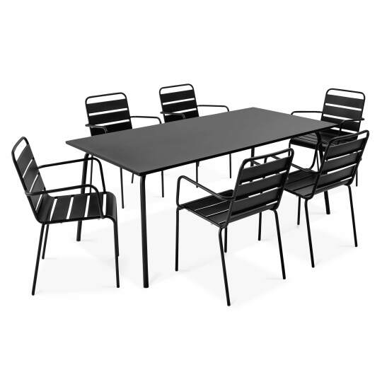 Mesa de jardín rectangular de 180 x 90 cm y 6 sillas con brazos de metal