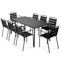 Mesa de jardín rectangular 180 x 90 cm y 8 sillas de metal apilables con reposabrazos