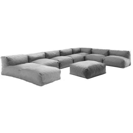Mobiliario de jardín modular con 5 sillones bajo, 1 sillón esquinero, 1 chaise longue y 1 puf.