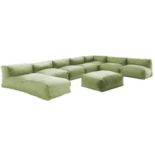 Mobiliario de jardín modular con 5 sillones bajo, 1 sillón esquinero, 1 chaise longue y 1 puf.