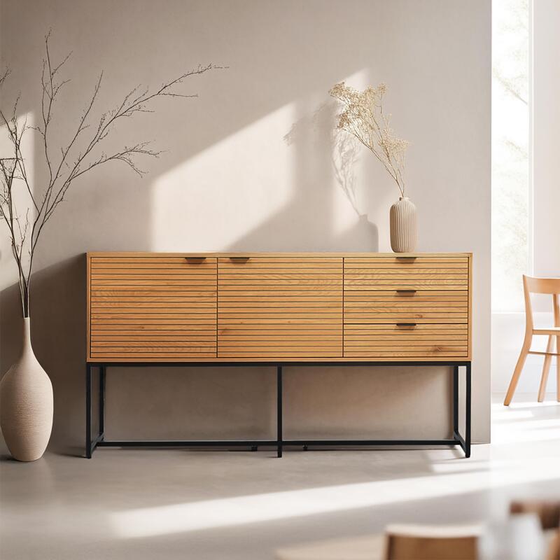 Aparador con 2 puertas y 3 cajones en acero y MDF con decoración en melamina FSC®