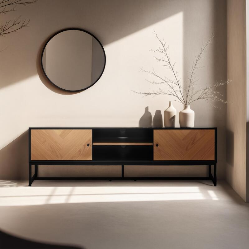 Mueble TV de tablero de partículas con decoración en melamina chapada en roble FSC® 160 cm