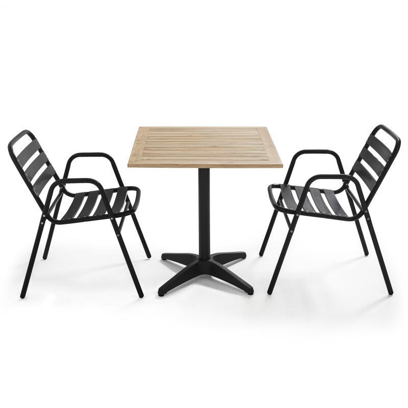 Mesa de terraza cuadrada de madera y 2 sillas con reposabrazos de aluminio