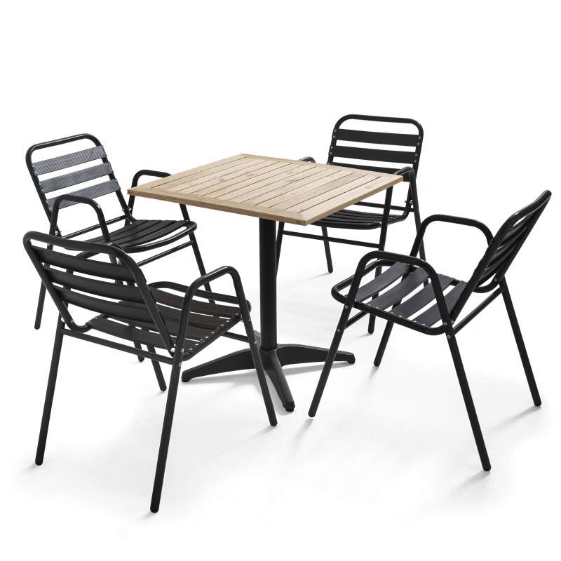 Mesa de terraza cuadrada de madera 70 x 70 cm y 4 sillas de aluminio