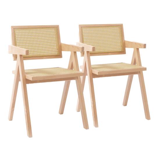 Lote de 2 sillas con reposabrazos de ratán natural y madera maciza FSC®