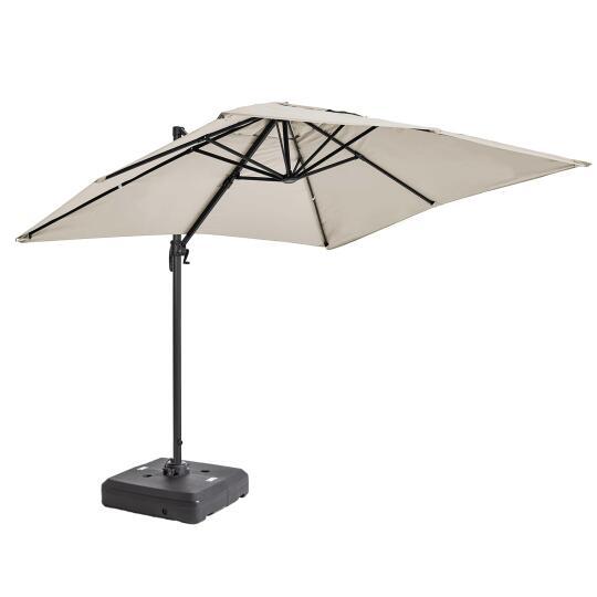 Parasol excéntrico rectangular giratorio 360° (2 x 3m) y base con ruedas de 100L para contrapeso
