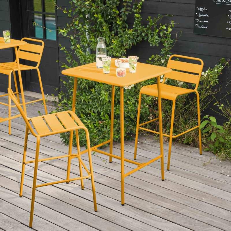 Mesa alta de jardín bistro cuadrada de metal 70x70 cm y 2 sillas altas - Lifestyle