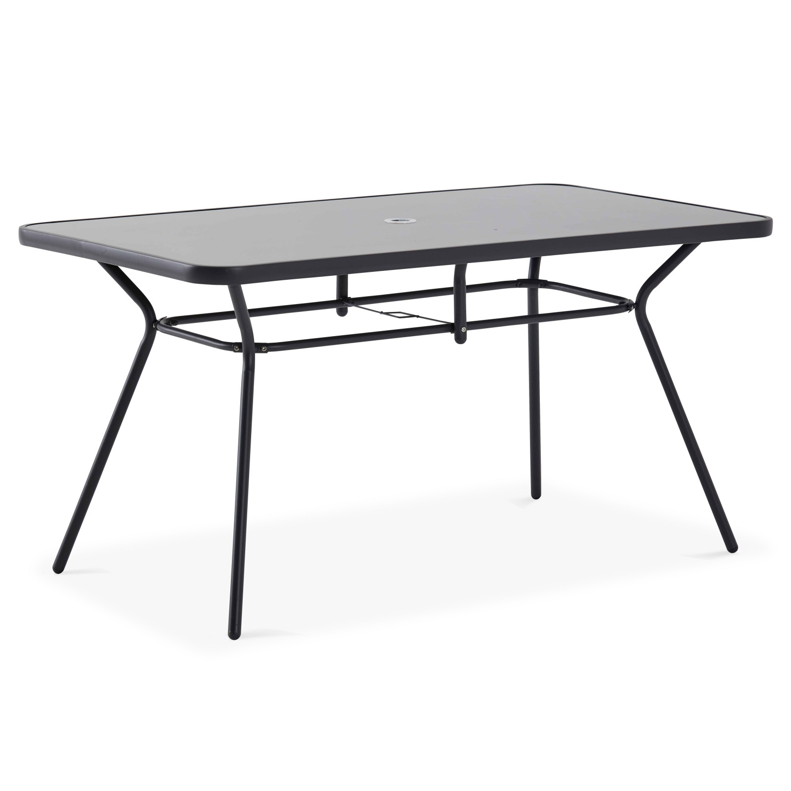 Mesa de jardín rectangular 140 x 80 cm, 6 sillas con reposabrazos y sombrilla