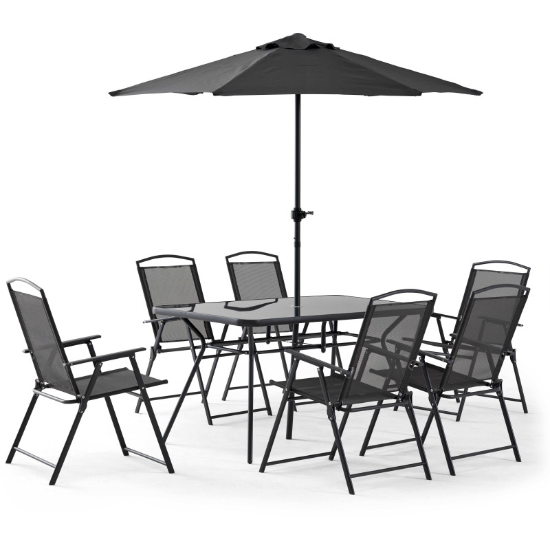Mesa de jardín rectangular 140 x 80 cm, 6 sillas con reposabrazos y sombrilla