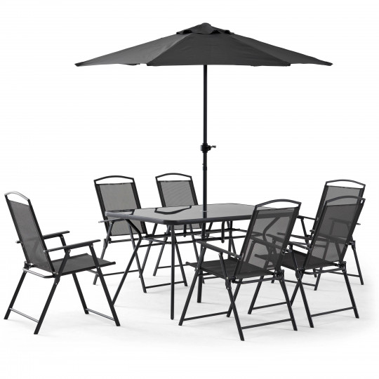 Mesa de jardín rectangular 140 x 80 cm, 6 sillas con reposabrazos y sombrilla