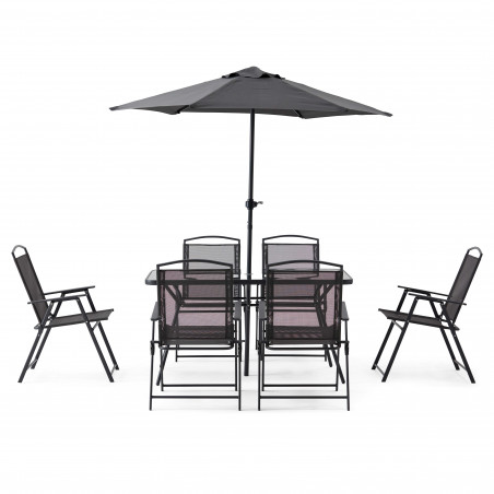 Mesa de jardín rectangular 140 x 80 cm, 6 sillas con reposabrazos y sombrilla