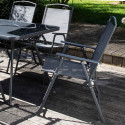 Mesa de jardín rectangular 140 x 80 cm, 6 sillas con reposabrazos y sombrilla