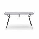 Mesa de jardín rectangular 140 x 80 cm, 6 sillas con reposabrazos y sombrilla