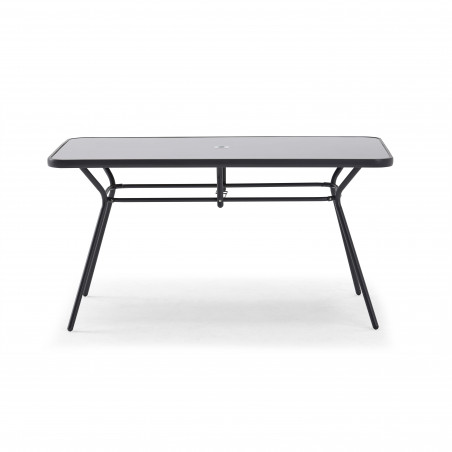 Mesa de jardín rectangular 140 x 80 cm, 6 sillas con reposabrazos y sombrilla