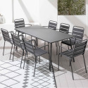 Mesa de jardín rectangular 180 x 90 cm y 8 sillas de metal apilables con reposabrazos