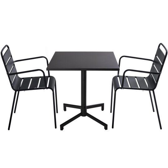 Mesa basculante 70 x 70 cm, patas integradas y 2 sillas metálicas con reposabrazos
