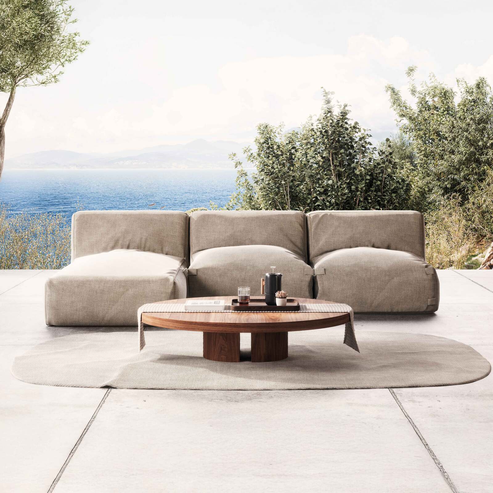 Sofá modular de exterior con 2 sillones y 1 chaise longue