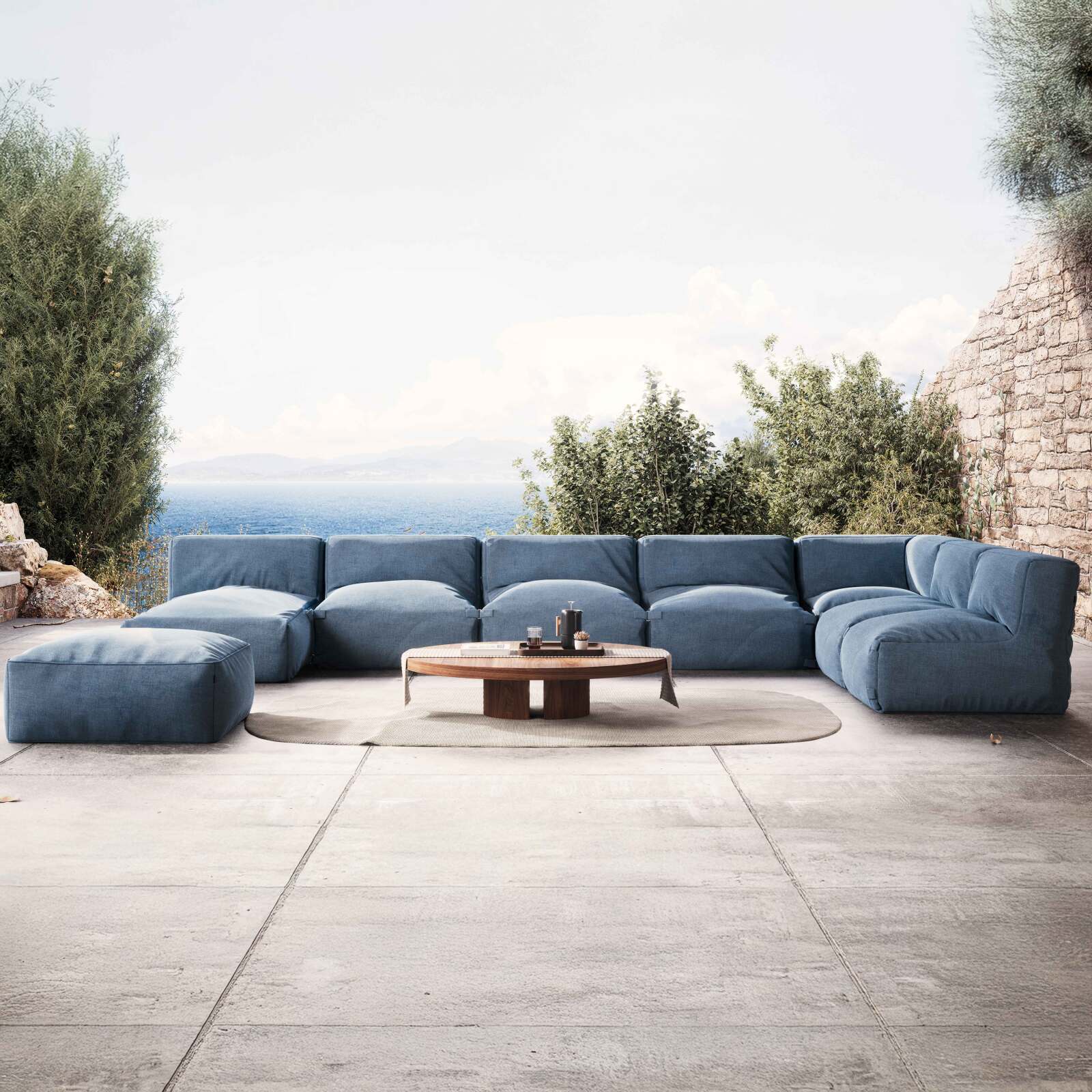 Sofá modular de exterior con 5 sillones, 1 sillón esquinero, 1 chaise longue y 1 puf