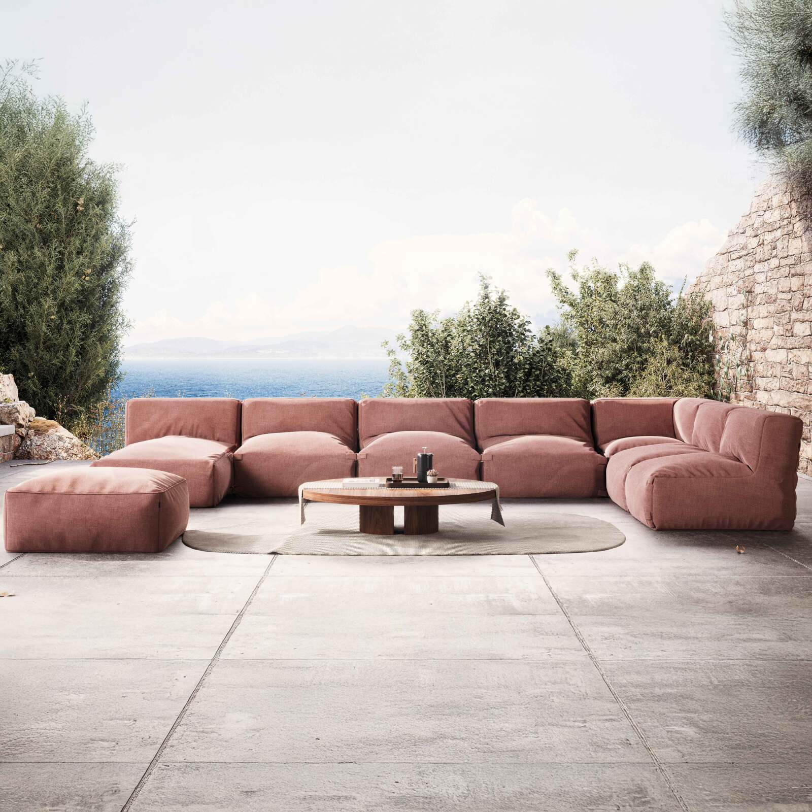 Sofá modular de exterior con 5 sillones, 1 sillón esquinero, 1 chaise longue y 1 puf