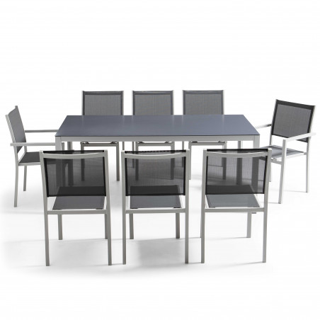 Mesa de jardín rectangular 180 x 90 cm, tablero de cristal y 8 sillas