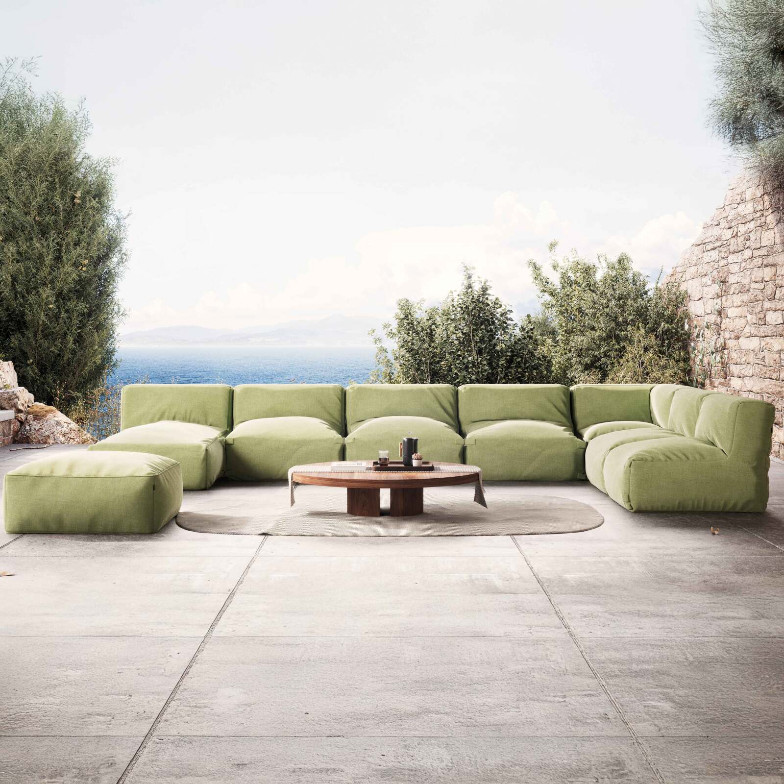 Sofá modular de exterior con 5 sillones, 1 sillón esquinero, 1 chaise longue y 1 puf