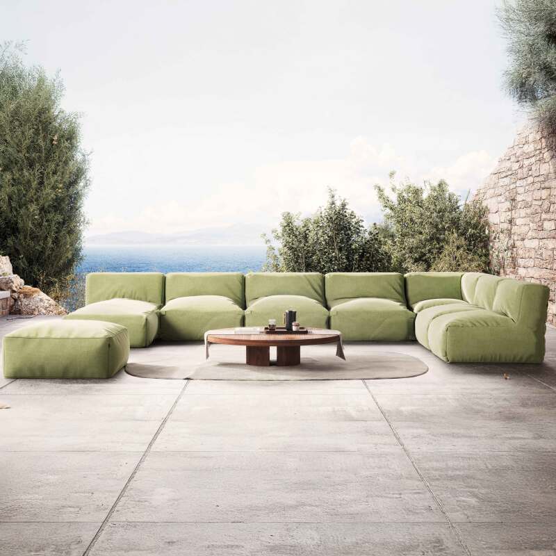 Sofá modular de exterior con 5 sillones, 1 sillón esquinero, 1 chaise longue y 1 puf