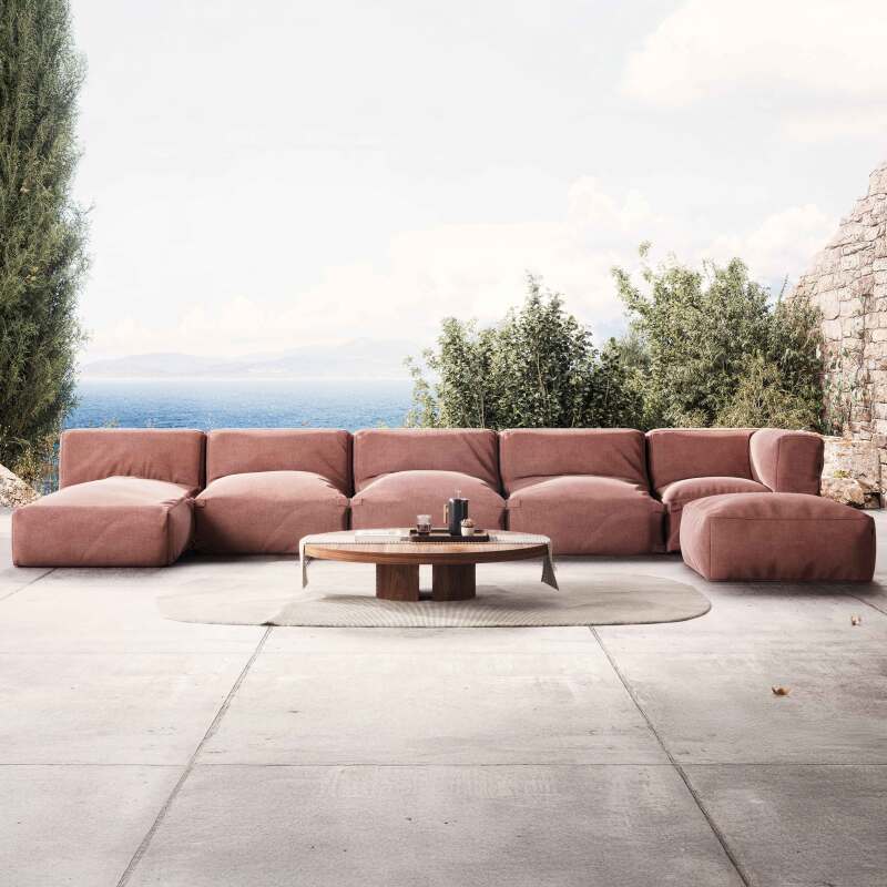 Sofá modular de exterior para 6 personas con 3 sillones, 1 sillón esquinero, 1 chaise longue y 1 puf - Lifestyle