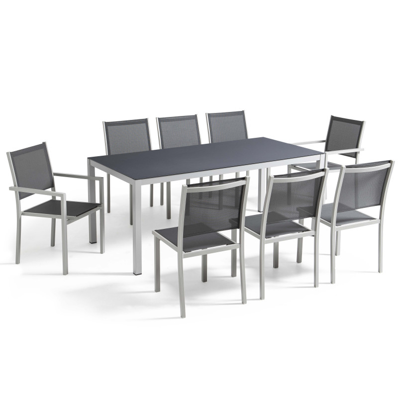 Mesa de jardín rectangular 180 x 90 cm, tablero de cristal y 8 sillas