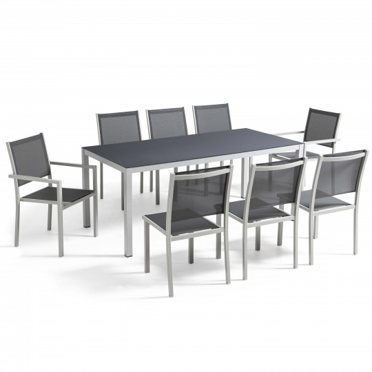 Mesa de jardín rectangular 180 x 90 cm, tablero de cristal y 8 sillas