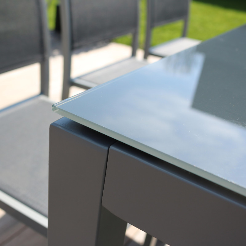 Mesa de jardín rectangular 180 x 90 cm, tablero de cristal y 8 sillas