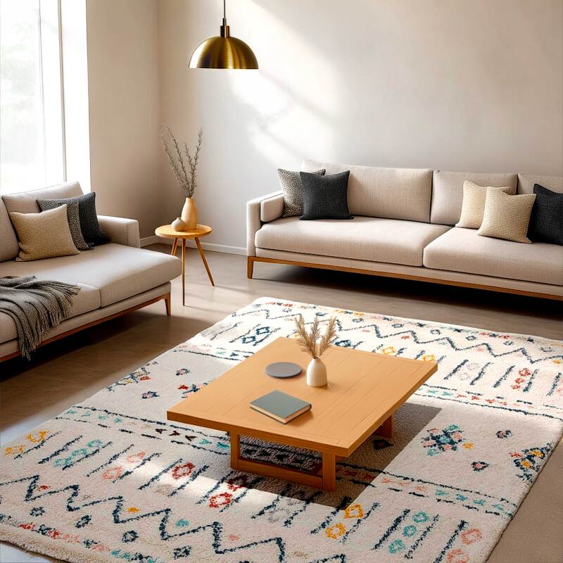 Alfombra rectangular de polipropileno con estampado étnico de pelo largo