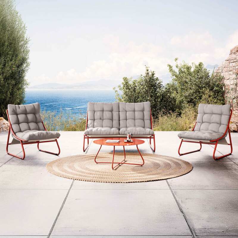 Mueble de jardín metálico de 4 plazas con 1 sofá, 2 sillones y mesa de centro.