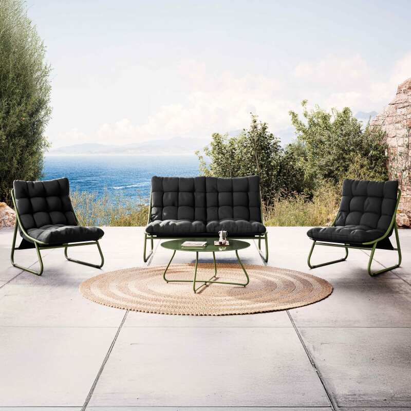 Mueble de jardín metálico de 4 plazas con 1 sofá, 2 sillones y mesa de centro.