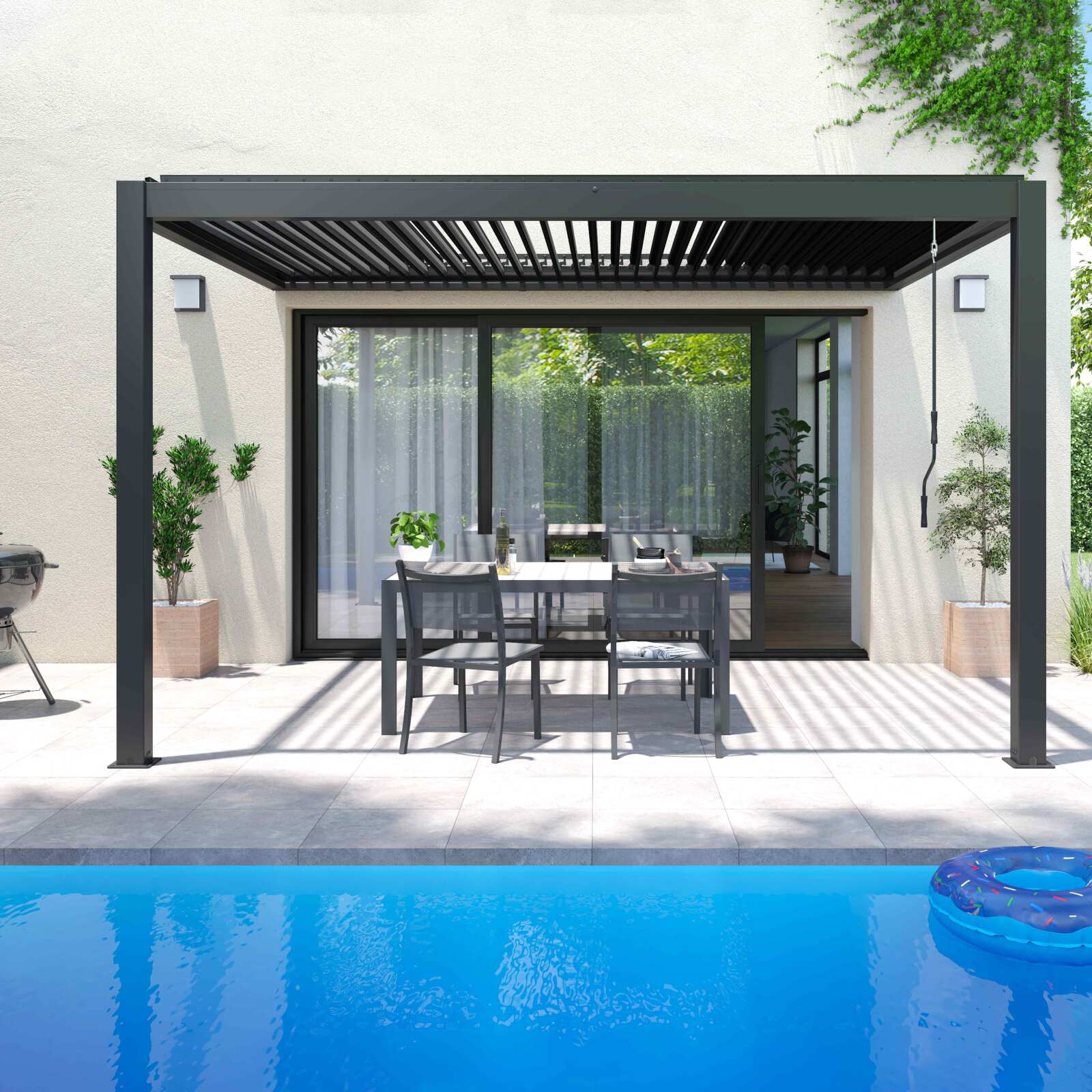 Pérgola bioclimática adosada 4x3m en aluminio gris antracita