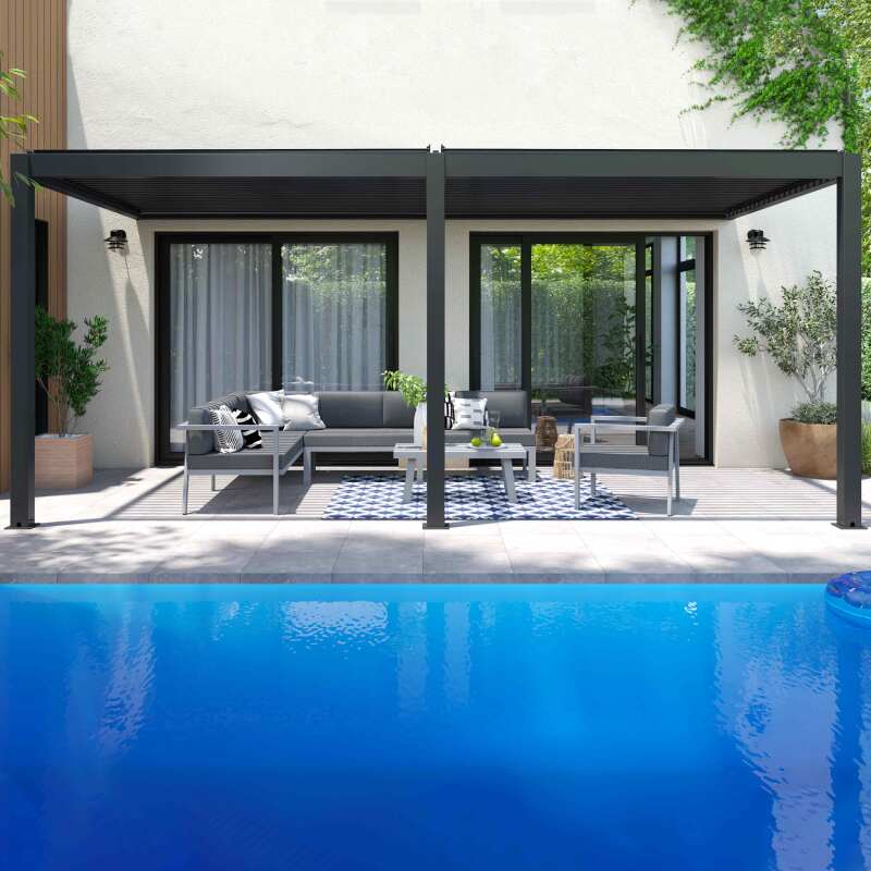 Pérgola bioclimática adosada 6x3m en aluminio gris antracita