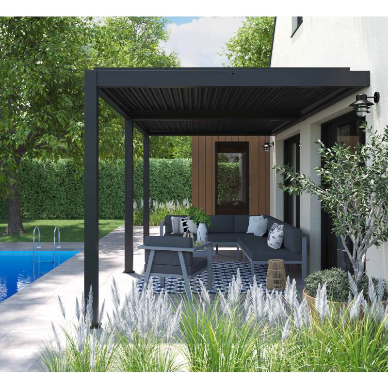 Pérgola bioclimática adosada 6x3m en aluminio gris antracita
