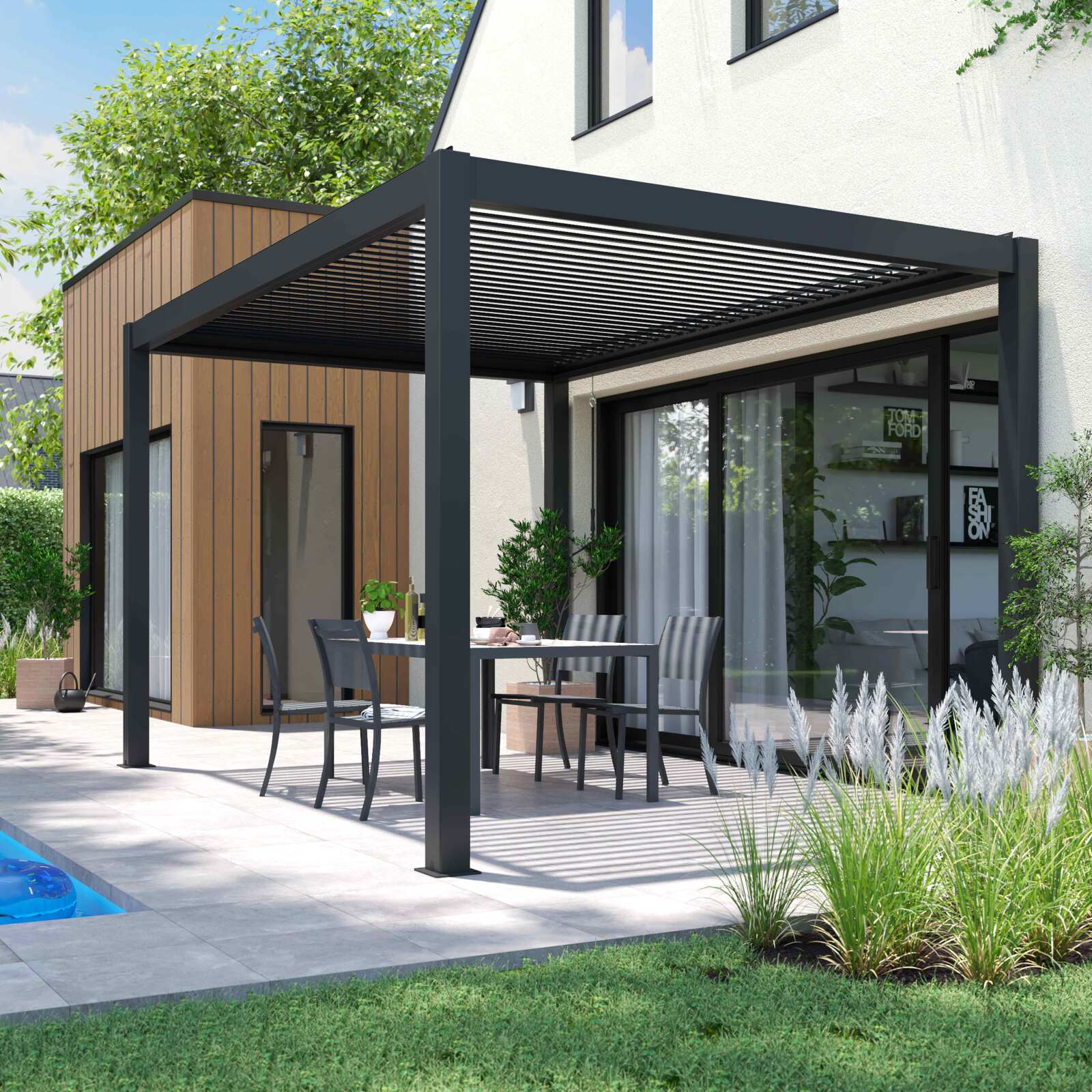 Pérgola bioclimática autoportante 4x3m en aluminio gris antracita