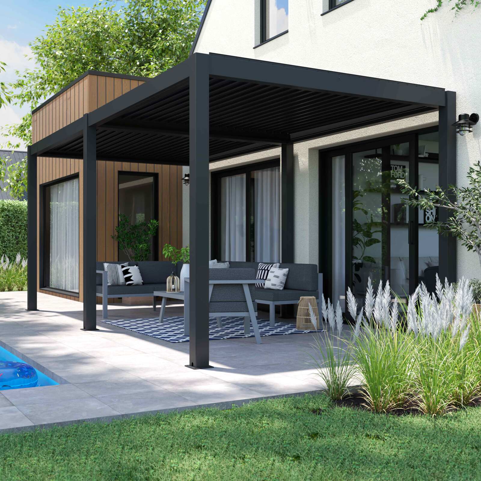 Pérgola bioclimática autoportante 6x3m en aluminio gris antracita