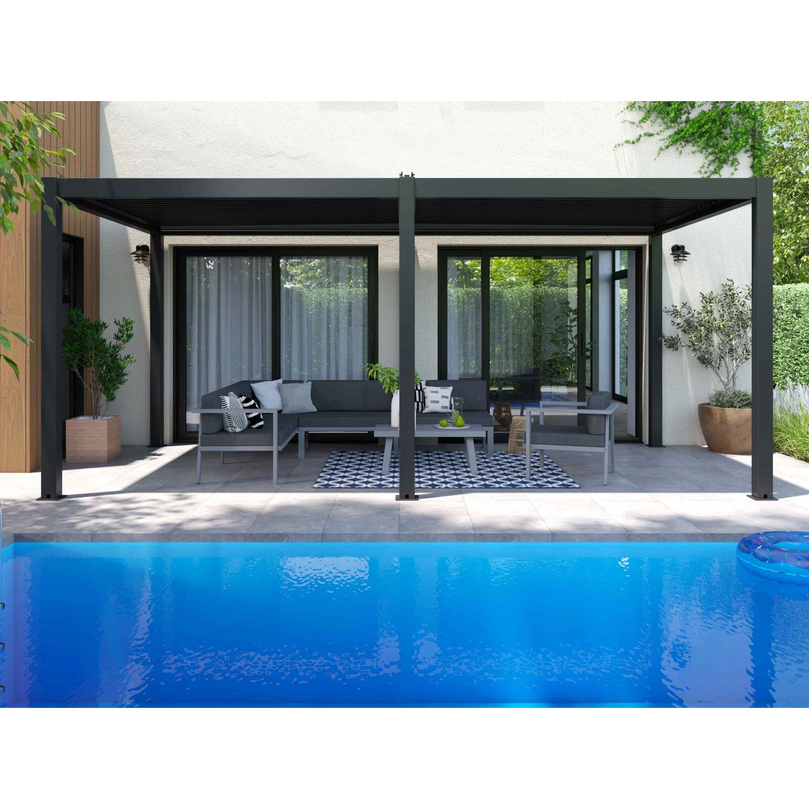 Pérgola bioclimática autoportante 6x3m en aluminio gris antracita