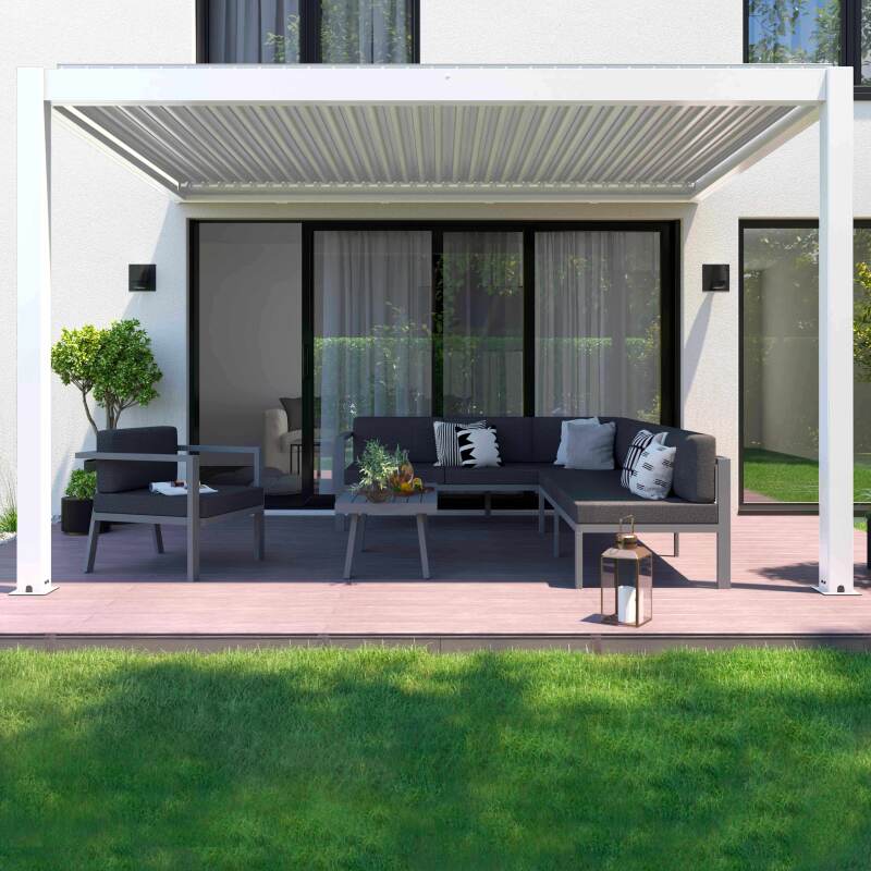 Pérgola bioclimática adosada 4x3m motorizada/iluminada en aluminio blanco con 1, 2 o 3 persianas