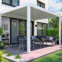 Pérgola bioclimática adosada 4x3m motorizada/iluminada en aluminio blanco con 1, 2 o 3 persianas