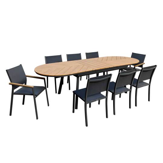 Mesa de jardín extensible rectangular en polimadera 180/220 cm con 6 sillas y 2 sillas con reposabrazos
