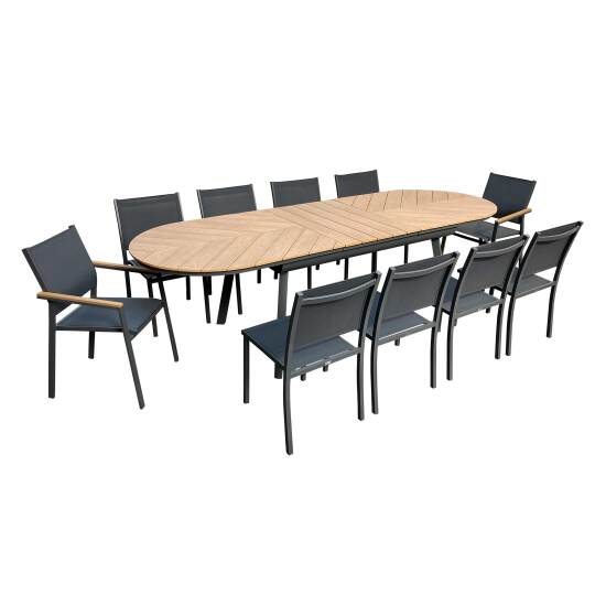 Mesa de jardín extensible rectangular en polimadera 220/280 cm con 8 sillas y 2 sillas con reposabrazos