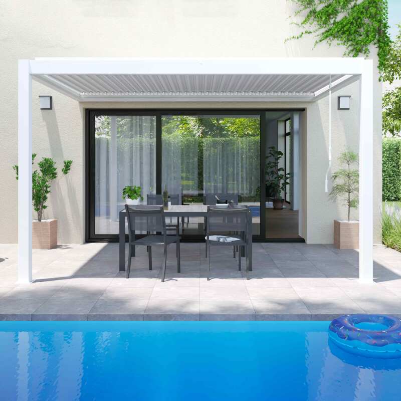 Pérgola bioclimática de inclinación 4x3m en aluminio blanco con 1, 2 o 3 persianas